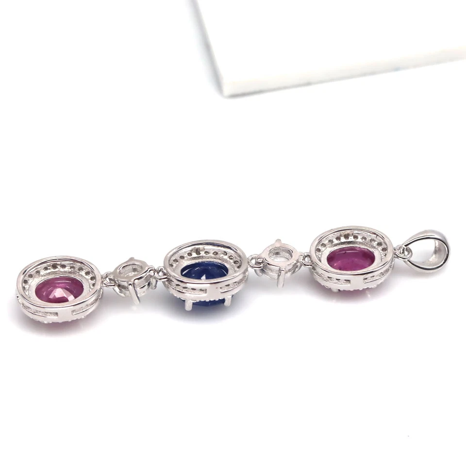 925 Sterlingsilber 6 x 7 mm Roter Rubin, Blauer Saphir & Weißer Zirkon Anhänger - Bild 3 von 4