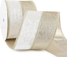 Ivory Velvet Wired Christmas Ribbon 4 Inch 4 Inch, & Champagne 