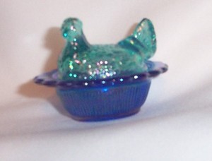 Mosser Mini Hen On Nest Carnival  teal & blue Marked "M"~salt ~marriage set