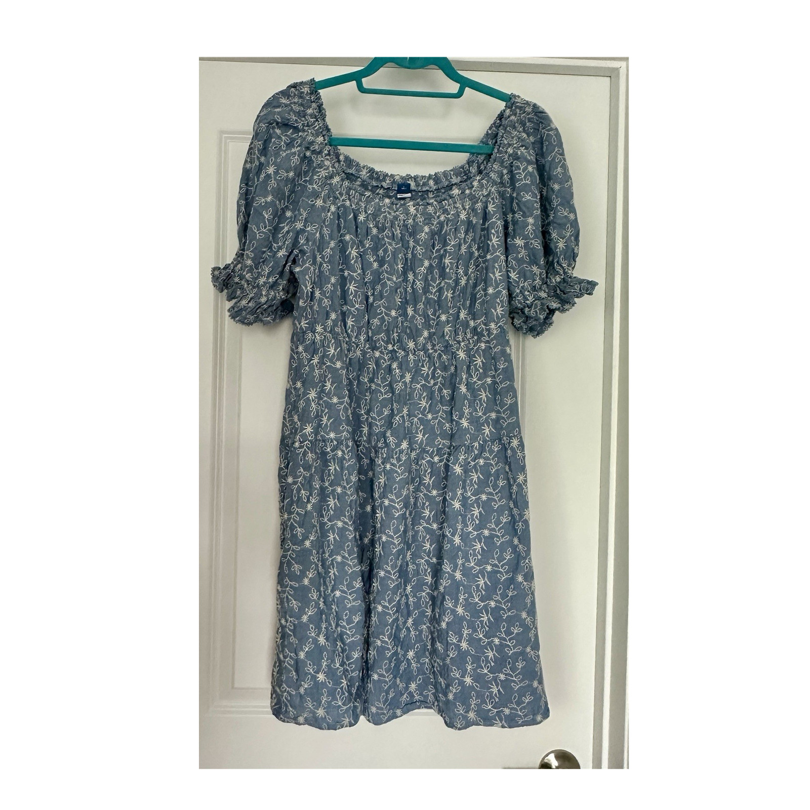 Old Navy Tall A-Line Midi Dress (L) Blue White Floral Smocked Puff Sleeve
