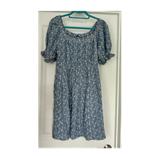 Old Navy Tall A-Line Midi Dress L Blue White Floral Smocked Puff Sleeve