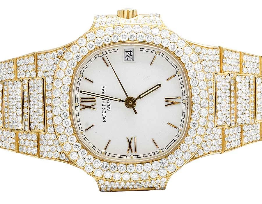 Patek Philippe — 18k Yellow Gold Ladies Patek Philippe Nautilus 3800/001 Pave Set Diamond Watch