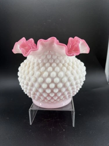 FENTON MILK GLASS VASE, PINK & WHITE HOBNAIL, RUFFLED EDGE, DECORATIVE GLOSSY