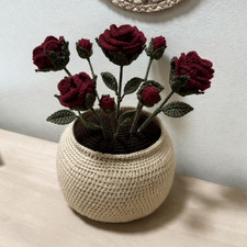 Artificial Crochet Rose Flower Arrangement  Centerpiece, Yarn Vase, Beige Red