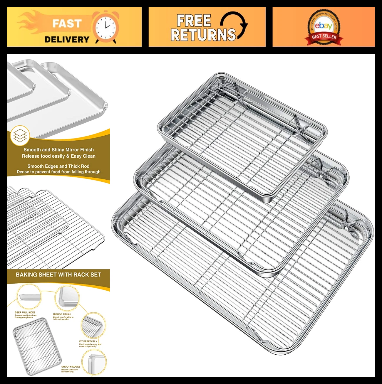 Baking Sheet Set with Racks - 3 Stainless Steel Pans & Cooling Racks, Non-Toxic,