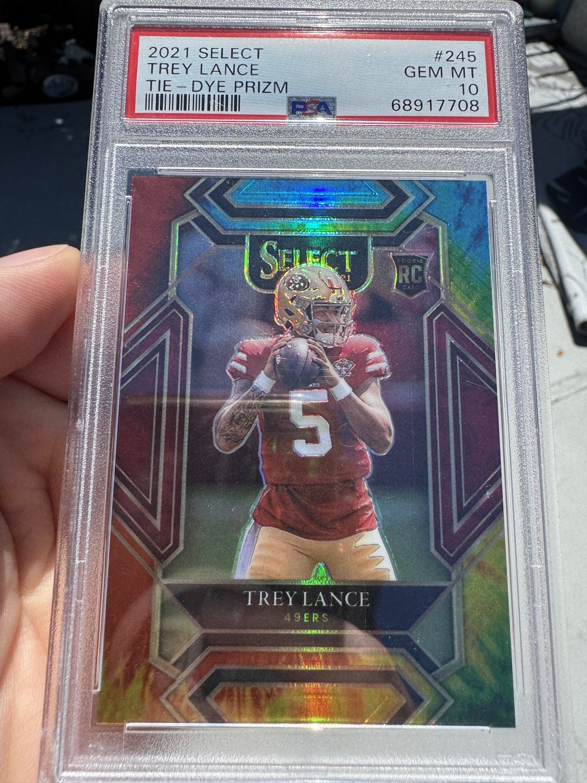 2021 Panini Select Club Level Trey Lance Tie-Dye Prizm RC 13/25 PSA 10