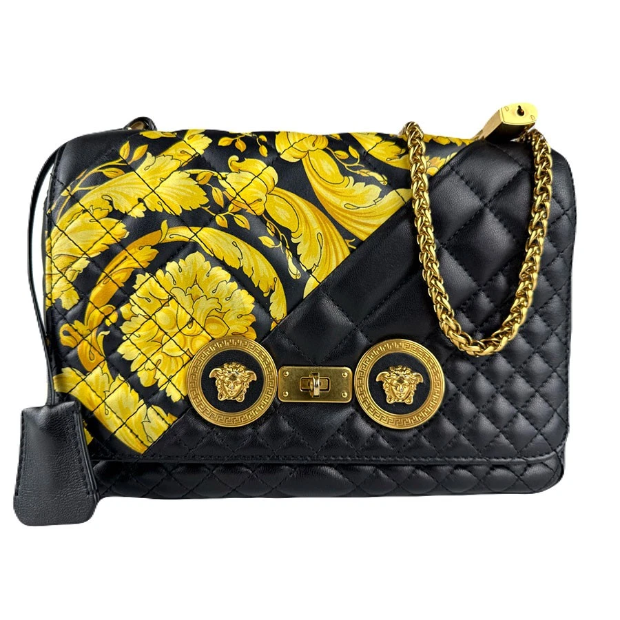 Versace — Auth VERSACE Chain Shoulder Bag Black/Yellow/Gold Leather/Metal - z8949