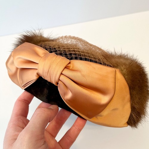 VTG 1950s Paul Beusam Custom-Designed Brown Mink Fur Women's Hat w/ Satin Bow - Picture 5 of 12