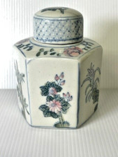 Vintage Tea Caddy Chinese Famille Rose Blue White Pink Hexagon Ginger Jar
