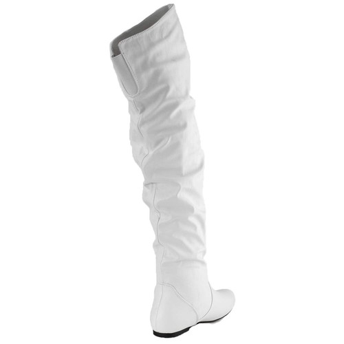 New White Round Toe Slouchy Causal Flat Boots Over The Knee Faux Leather Pull On - Picture 5 of 5