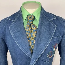 Vtg 60s 70s Blazer Jacket Denim Suit Sport Coat Blue Jean Hippie Disco Mens 40