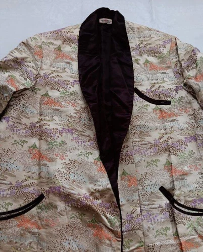 Vintage 50s Brocade Gentlemans Smoking Jacket Robe Silk Lined Asian M - product listing photo