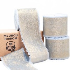 Light Blue Chiffon Gold Silk Ribbon 1.5 Inch x 15Yds Fringe Chiffon Frayed Ri...