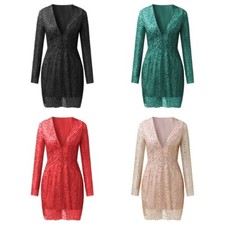 Fashionable Long Sleeve Low Neck Sheer Sequined Party Dress for Evening Party