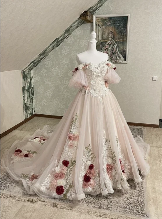 Vestidos de noiva rosa vintage sem alças meia manga renda 3D florais vestidos de noiva - Imagem 2 de 4