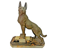 ANCIENNE STATUE CHIEN BERGER ALLEMAND RÉGULE SUR MARBRE PAS BRONZE LOUP
