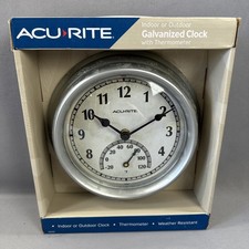 Acurite Rustic Galvanized Indoor Outdoor Clock with Thermometer, 8.5" NIB