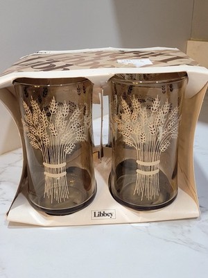 Set Of 4 Fall Autumn Libbey Franco Wheat Sheaf Pattern Glasses VTG Beverage NIB