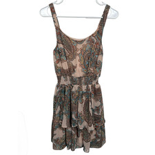 Express Dress Womens XXS Beige Multicolor Paisley Y2K Boho Smocked Tiered Mini