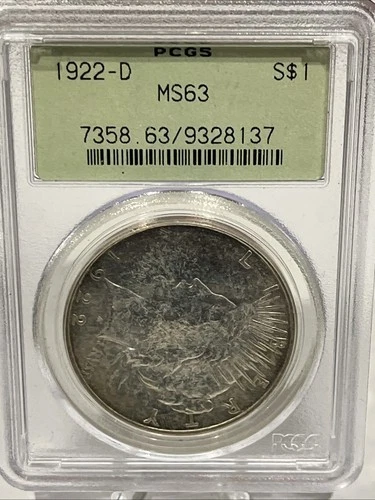 1922-D Peace Dollar PCGS MS63 OLD GREEN LABEL Silver $1 Coin!