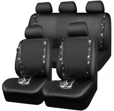 Leather Bling Diamond Car Seat Covers Full Set, Shining Rhinestone Waterproof...