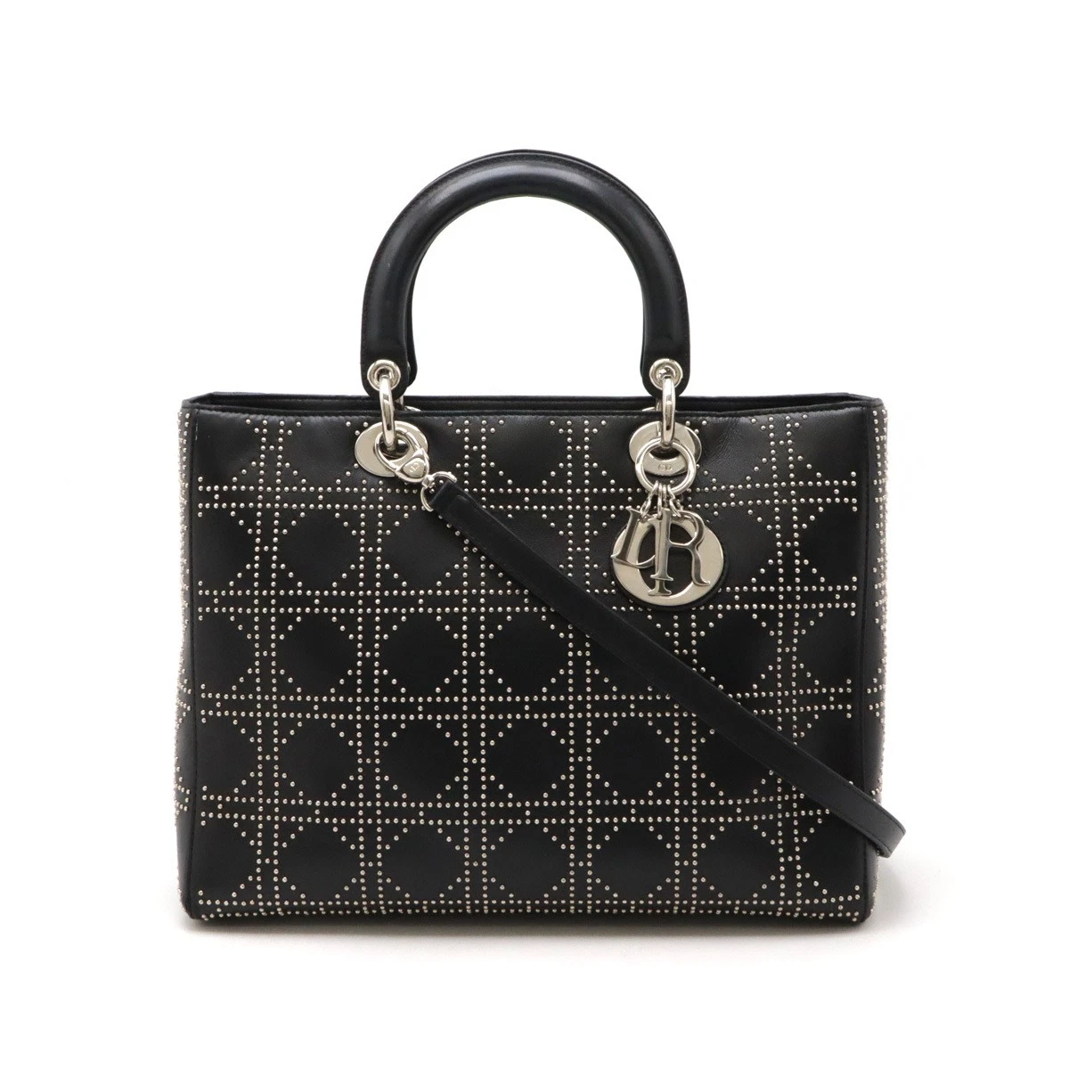 Sac à main Christian Dior Lady Canage 2 voies bandoulière cuir clouté noir