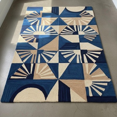 Geometric Navy Blue Beige Hand Tufted Rug, Modern Customizable