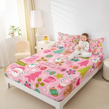 Pink Christmas Fitted Full, Cartoon Santa Claus Bedding Set for Boys Girls Be...