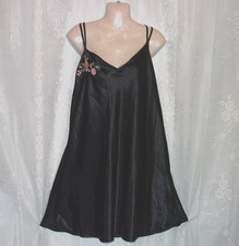 Lg.-XLg. Jet black satin,babydoll nightgown,lingerie,sleepwear,pink flowers,embr