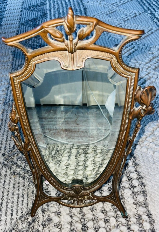 Espejo tocador antiguo de hierro forjado Art Nouveau dorado ornamentado bronce rosa 16" H Foto 4 de 4