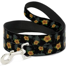 Dog Leash Hibiscus Flowers/Palm Trees Black/Green/Orange