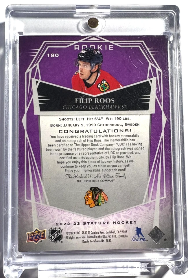 FILIP ROOS 2022/23 UPPER DECK STATURE ROOKIE LOGO PATCH AUTOGRAPH AUTO #1/1 - Image 2 of 2
