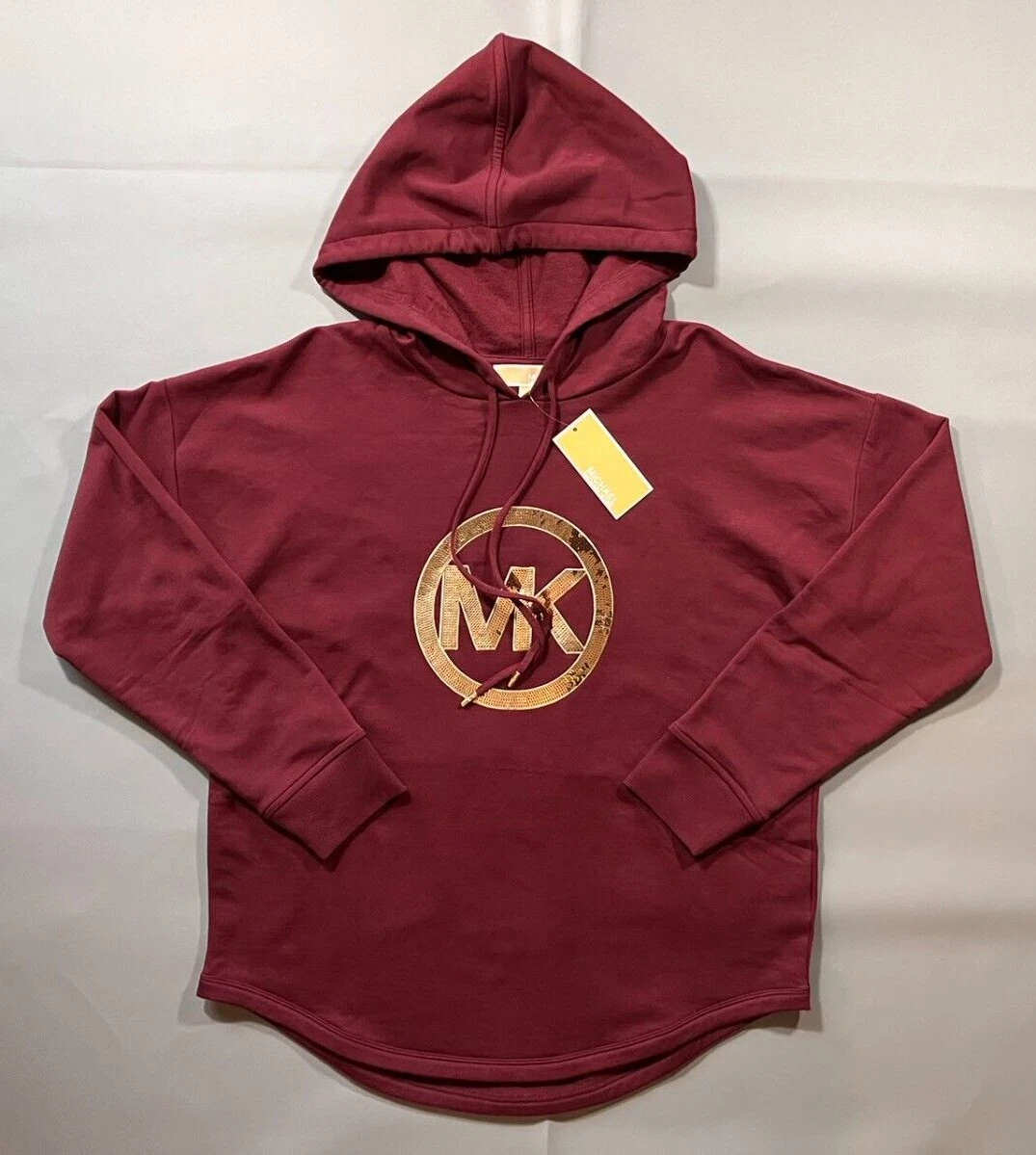 Nuovo! Felpa con cappuccio Michael Kors donna S Merlot paillettes oro logo MK manica lunga prezzo al dettaglio consigliato $98