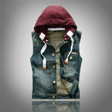 Herren Denim Weste Jeans Bikerjacke Cowboy Ärmellose mit Kapuze Abnehmbarer