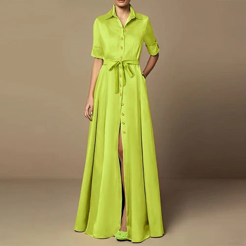 Robe maxi chemise boutonnée col V femme Royaume-Uni manches courtes OL robes longues - Photo 6/18