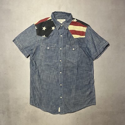 Denim Supply Ralph Lauren Western Pearl Snap Chambray Shirt USA Flag Men  Small