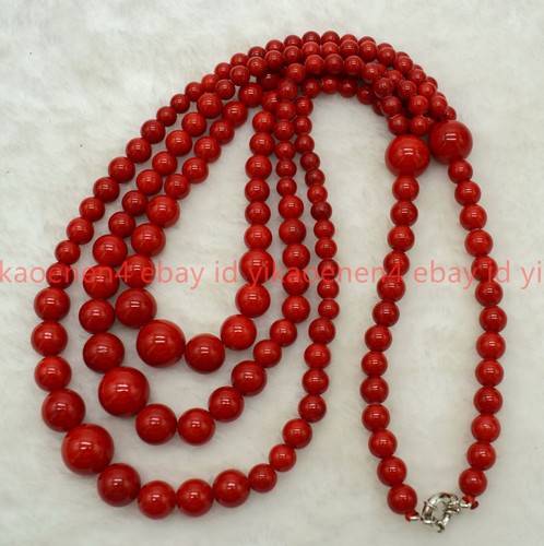 Pretty Genuine 3 Rows 6-14mm Red Coral Gemstone Round Beads Necklace 17-19in - Picture 3 of 12