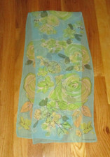 Jones New York Aqua Blue Green Floral Sheer 100 Silk Oblong Scarf 51"