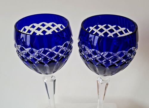 PAIR AJKA CRYSTAL CADESSIA COBALT BLUE WINE HOCK GLASSES, 8,5", MARKED - Picture 2 of 9