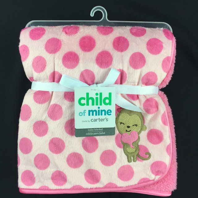 Carter's Child of Mine Pink Sherpa Baby Blanket Polka Dot Monkey Soft