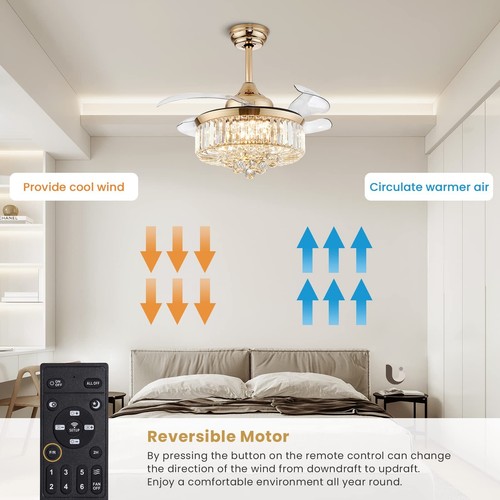 CROSSIO Modern Crystal Ceiling Fan Light Reversible Fandelier LED Dimmable Go... - Picture 3 of 8