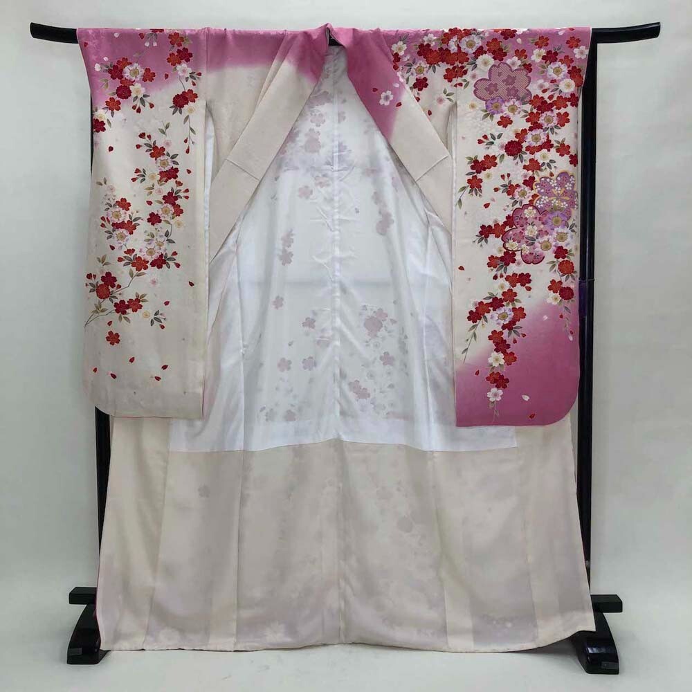 kimono☆ 1日出品　0608 Furisode 6-piece set Japanese Kimono obi White Pink floral
