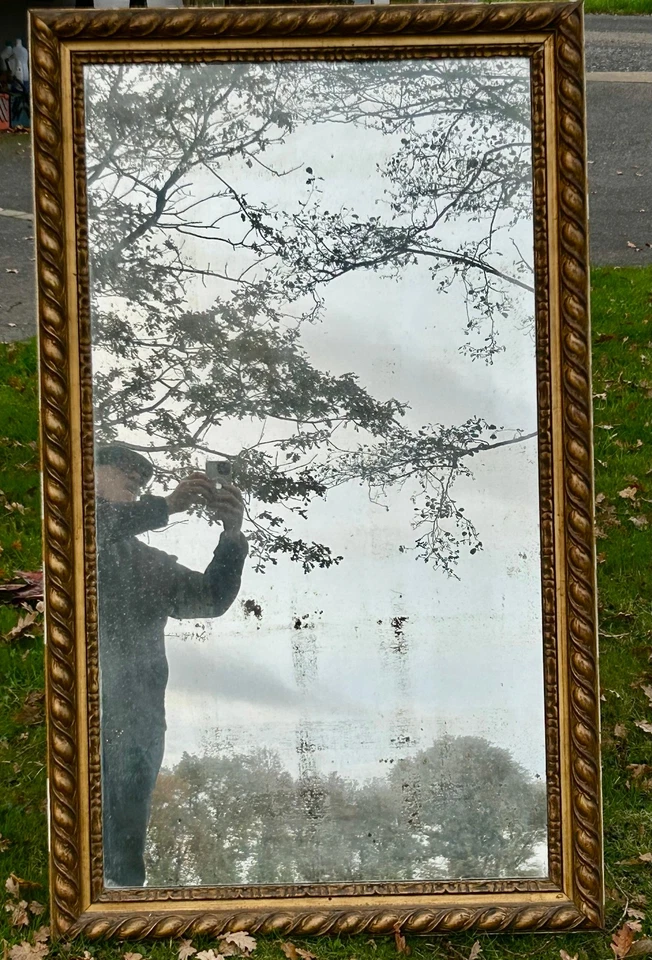 Grand miroir ancien doré Bois et stuc godrons miroir partielement dé-mercurisé - Photo 2/4