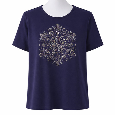 Coral Bay Petite XL Navy Blue Tee Sparkling Luxe Mixed Metal Stud Mandala Design
