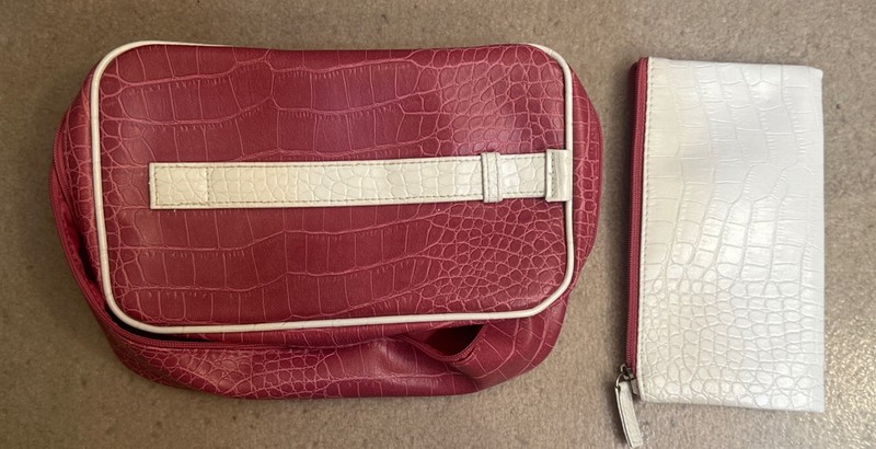 Lancome 2 Piece Makeup Bag Pink White Pleather