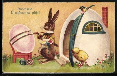 AK Osterhase bemalt ein Osterei vor seinem Haus, Roomsaid Ülestousmise puhi 