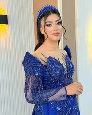 Royal Blue Dress with Detachable Train Elegant Sequins Beaded Wedding Party Gown