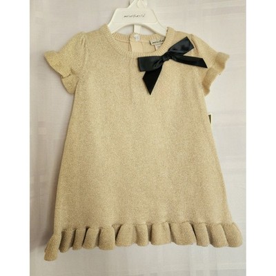 MiniBasix Baby Girl Dress 6M Gold Metallic Knit Bow Ruffle Bottom Bloomer Set