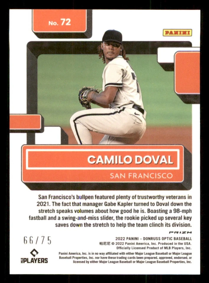 2022 Donruss Optic Blue #72 Camilo Doval RR /75 - Image 2 of 2