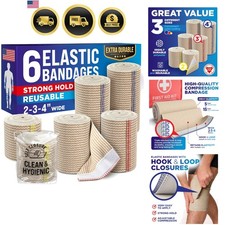 High-Performance Elastic Bandage Wrap - 6 Pack 2x2in, 2x3in, 2x4in - Self-Clo...